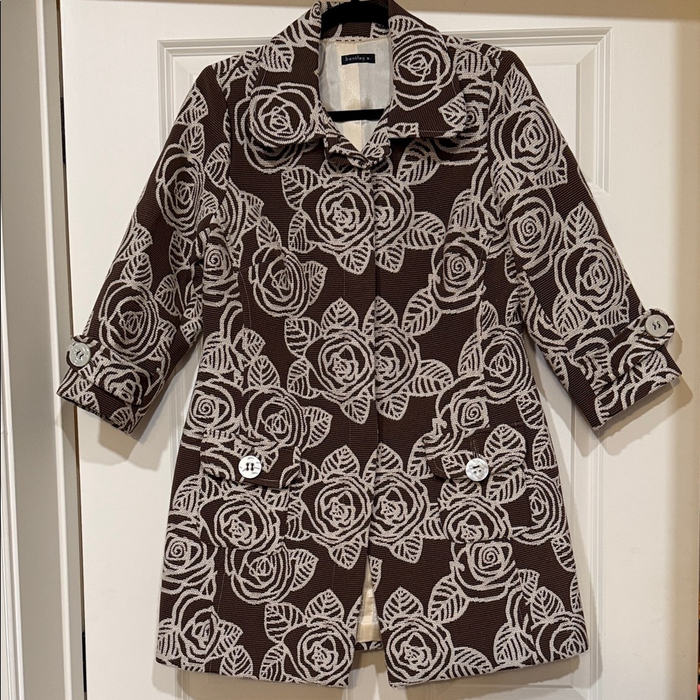 Elegant Floral Pea Coat in Brown and Cream